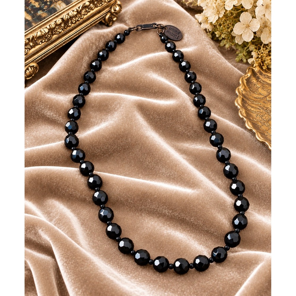 Vintage Miriam Haskell Black Faceted Beaded Strand Necklace Signed